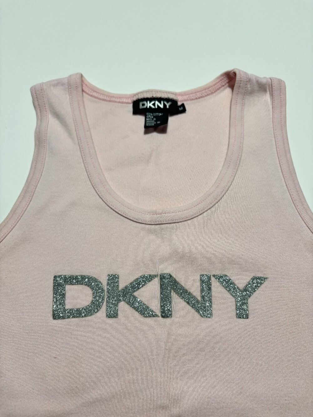 DKNY ROSE BLUSH PINK WITH SILVER SPARKLES Y2K COTTON TANK TOP
